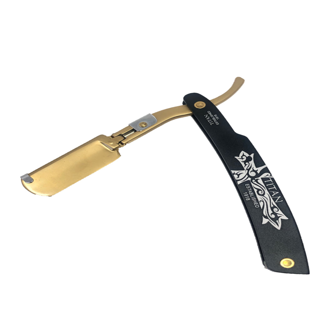 Titan Porta-Navaja de Afeitar Dorada Con Mango Negro